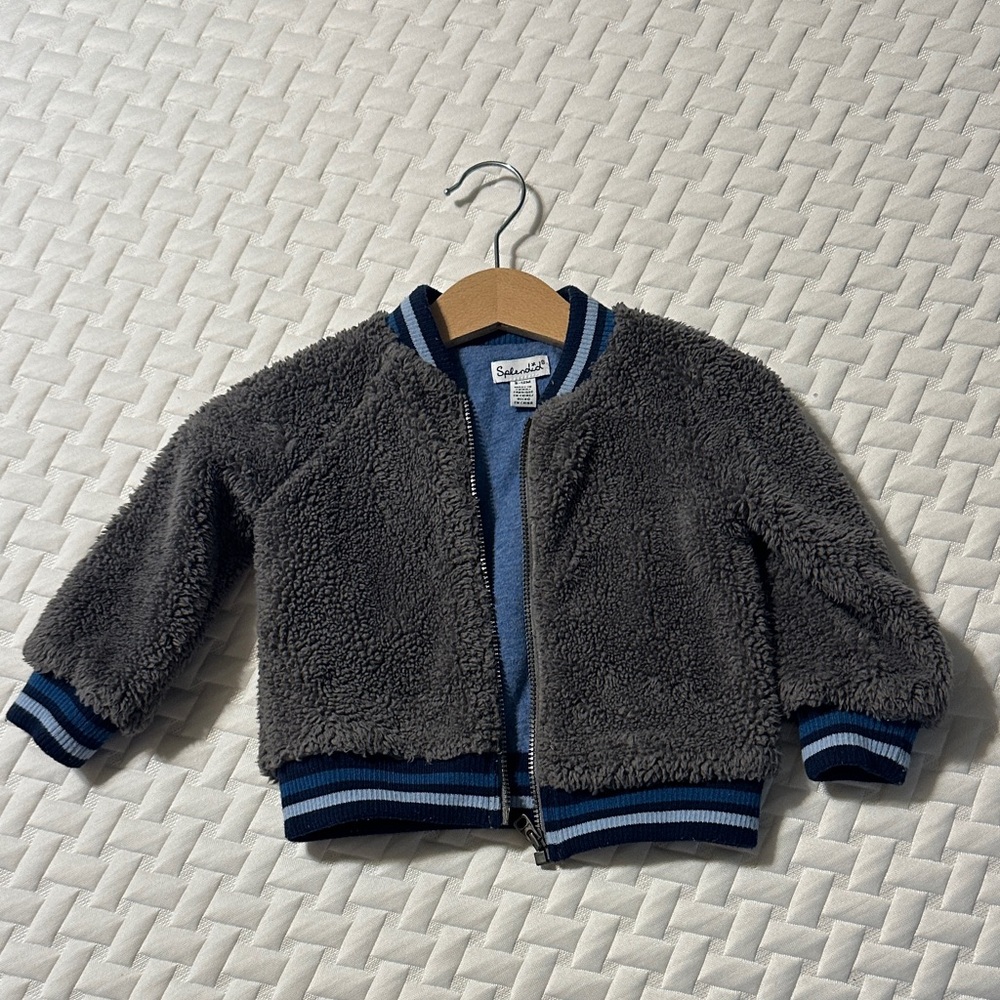Splendid Gray Sherpa Bomber Jacket with Blue Accents 6-12m